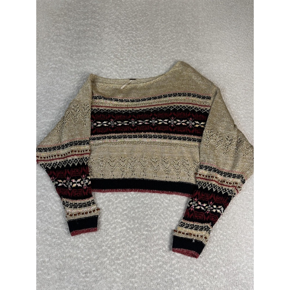 Free People Ski Lake Sweater Womens S Gold Fair Isle Beaded Dolman Pullover